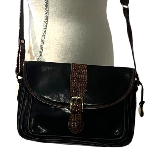 Vintage Brahmin Croc Embossed Leather Crossbody Bag Black‎ & Brown - Picture 2 of 13